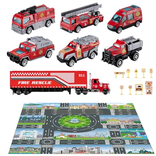 Image of TEMI Diecast Emergency Fire Rescue Vehicle Toy Set w/Play Mat, Truck Carrier,Ambulance, Alloy Metal Fighting Car for 3 4 5 6 Years Old Toddlers Kids Boys and Girls