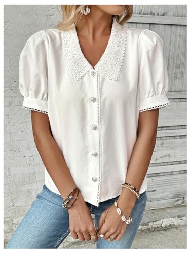 SweatyRocks Women's Puff Short Sleeve Collar Button Front Blouse V Neck Contrast Lace Shirt Tops4