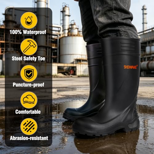 Image of Showave Steel Toe Rubber Work Boots for Men Waterproof Durable Concrete Boots for Hunting Manufacturing Construction