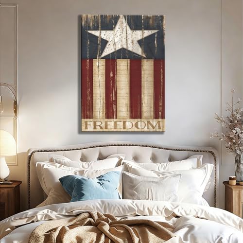 Image of Rustic Patriotic Freedom Flag Canvas Art 12x18in, Vintage American Flag Wall Decor, 4th of July Independence Day Framed Prints, Artwork for Home, Kitchen & Office, Made in USA