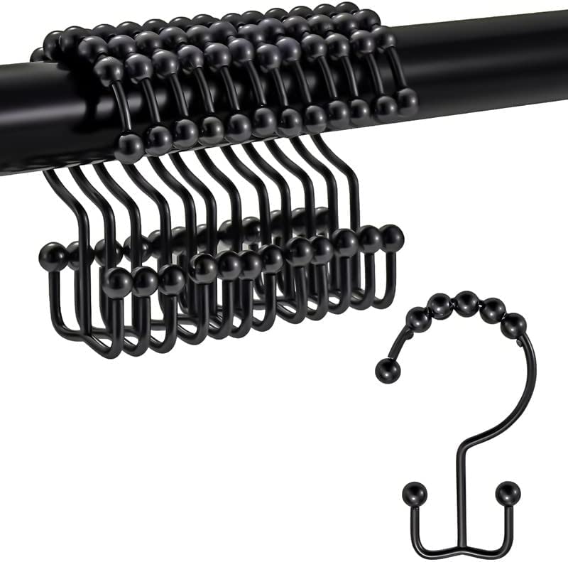 Shower Curtain Rings Hooks, 12 Pack Bathroom Double Curtain Hooks for Christmas Shower Curtain Liner, Metal Rust-Resistant Roller Ball Sliding Hooks for Bathroom Shower Curtains Rods (Black)