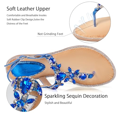 Image of iCKER Women Rhinestone Sandals T-Strap Buckle Bohemian Pearl Crystal Flat Sandals