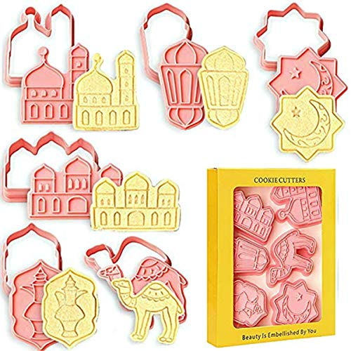 LIXIATIAN 6Pcs Eid Mubarak Cookie Cutters, Ramadan Islamic Muslim Biscuit Mold, Pastry Fondant Stamper, Mosque Lantern Camel Star Moon Islamic Star, DIY Cake Baking Tools Party Decor