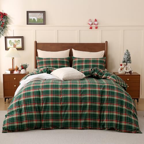 Image of TOCOMOA Christmas Plaid Duvet Cover Set 100% Washed Cotton Like Linen Feel Super Soft Comfy 3 Piece Green Red Gingham Checkered Bedding Comforter Cover Set (Full 80 inchx90 inch, Comforter Not Included)