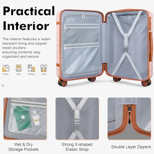 Image of Luggage Sets 3 Piece with Spinner Wheels, Lightweight PC Hardside Suitcase with TSA Lock & YKK Zippers, 20 Inch Carry On Luggage with Travel Bag for Men and Women, Pink
