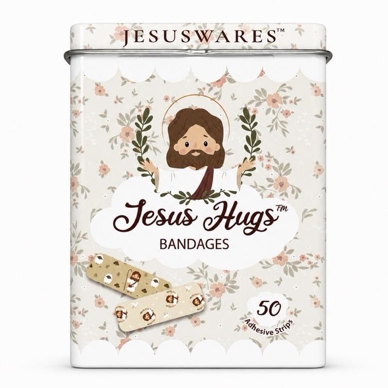 Jesus Hugs Bandages 50 Count Sterile Adhesive Bandages for Kids & Adults 5 Christian Designs Latex-Free Water Resistant Cute Religious First Aid Strips Travel Tin 3.75 x 2.75 x 1 in - Easter