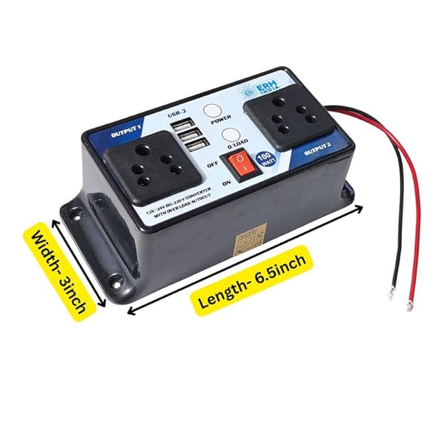 ERH India Compact 100 Watt DC to AC Converter 12V 24V to 220V Inverter with 3 USB Ports for Car, Bus, Truck, E-Rickshaw, Solar Panels view 2