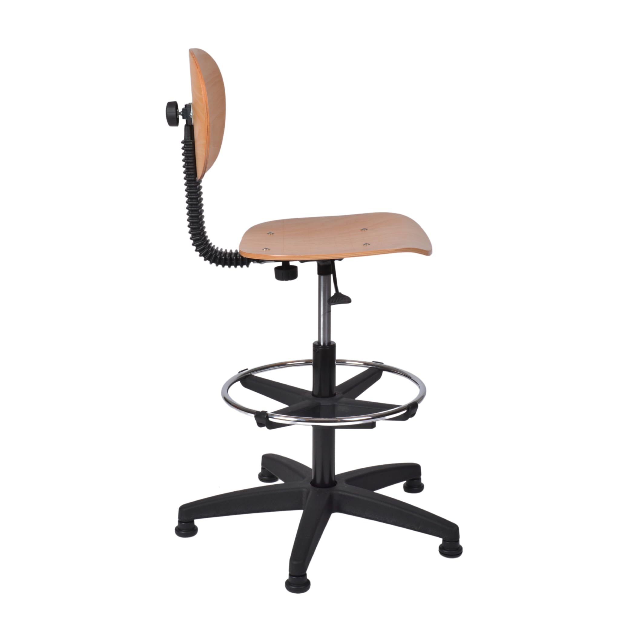 Topsit Sedia da lavoro IND114 in legno di faggio laccato chiaro, sedia da laboratorio, regolazione continua dell'altezza del sedile con Toplift, anello per piedi cromato, croce in plastica con piedini