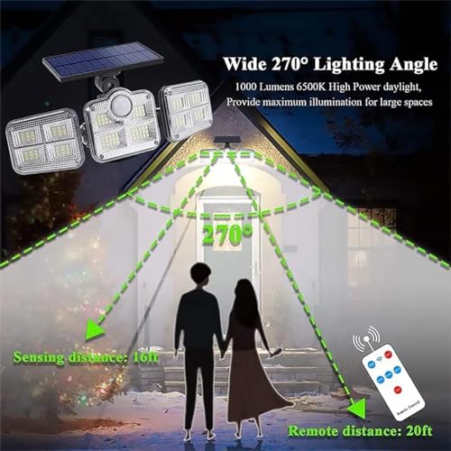 Image of Solar Motion Sensor LED Bright White Light Outdoor for Home Wall Room Balcony Garage Backyard Garden with 122 LEDs and 3 Adjustable Heads and Remote Control (Pack of 2)