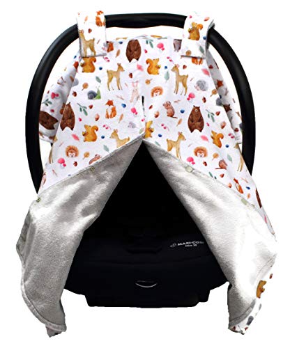 Image of Dear Baby Gear - Baby Car Seat Canopy - Infant Car Seats Covers - Carseat Canopies for Boys & Girls - Toddler Carseat Cover w /Snap Opening (Dainty Forest Animals Nuts and Berries, Light Gray 40 inchx30 inch)