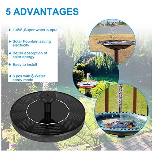 Solar Fountain Pump,1.5W 190L/H Circle Garden Solar Powered Water Pump Floating Fountain Pump with 6 Nozzles, 2020 Upgraded Solar Powered Water Fountain Pump for Birdbaths & Ponds - Image 3