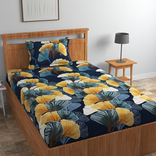 Image of Pure Cotton 220 TC Flat Single Bedsheets For Summer Breathable | Wrinklefree (Size-60 X 90 Inch Or 228 X 152 Cm) With 1 Pillow Covers (Size-17 X 27 Inches, Beige And Blue)