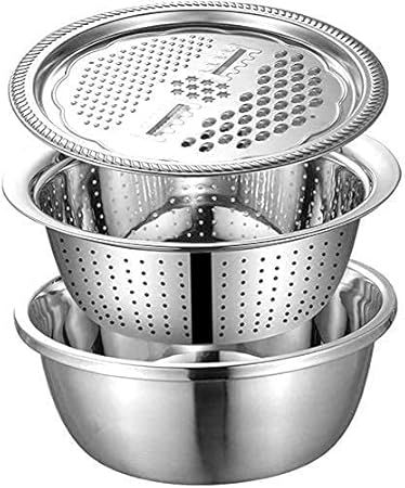 11 Inch Stainless Steel Drain Basket Vegetable Cutter, 3 in 1 Kitchen Multipurpose Julienne Grater - Salad Maker Bowl