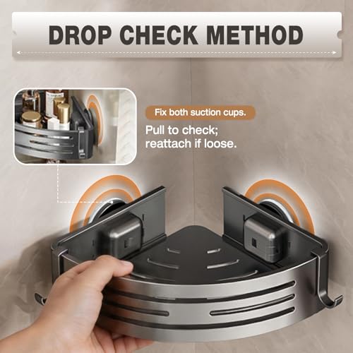 Image of Conworld Corner Shower Caddy Suction Cups, No-Drilling Corner Shower Shelf | 1. No Drilling, No Wall Damage 2. Strong Suction Cup, Holds 22 Lbs. 3. Aluminum, Rustproof & Durable