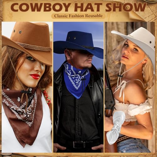 Image of Coume 15 Set Western Cowboy Hat Costume Accessories Paisley Bandanna Cowgirl Hats Bulk for Adult Women Men Dress Party