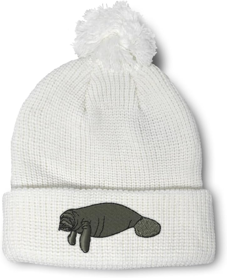 Speedy Pros Pom Pom Beanies for Women Manatee Embroidery Skull Cap Winter Hats for Men Acrylic One Size