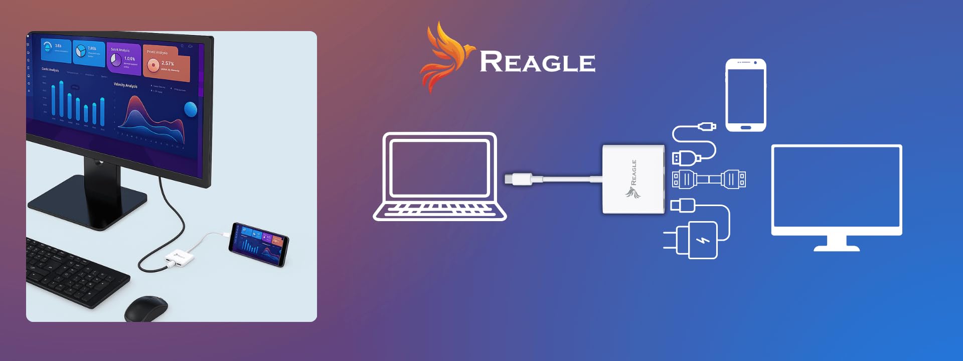 Reagle Adapter USB-C HDMI 4K60Hz z USB-A i PD 100W, Wyjście Wideo Ultra HD 4K do TV Monitor Projektor USB-C do HDMI Kompatybilny z DP Alt Mode MHL dla Laptopów i Smartfonów