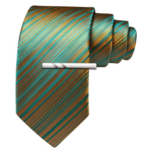 Image of Barry.Wang Silk Men Ties Formal Stripes Necktie and Tie Clip for Wedding Party Business Fashion Classic