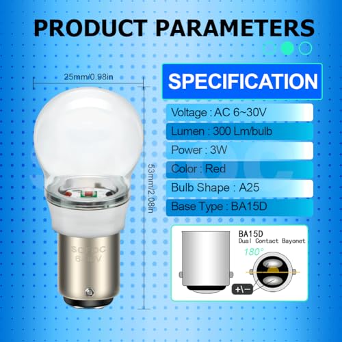Ampoule BA15D LED rouge 6V-24V compatible AC DC pour feu de position