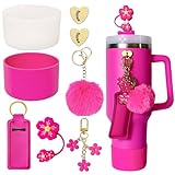 Accessories for Stanley Cup 40oz,2 Silicone Boots for Stanley Tumbler,1 Flower Straw Cover Topper,2 Charms Hooks,1 Lipstick Holder Bag,1 Pompom Ball,1 Cute Keychain Charms (Passion Pink)