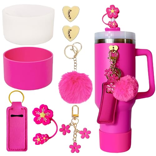 Accessories for Stanley Cup 40oz,2 Silicone Boots for Stanley Tumbler,1 Flower Straw Cover Topper,2 Charms Hooks,1 Lipstick Holder Bag,1 Pompom Ball,1 Cute Keychain Charms (Passion Pink)