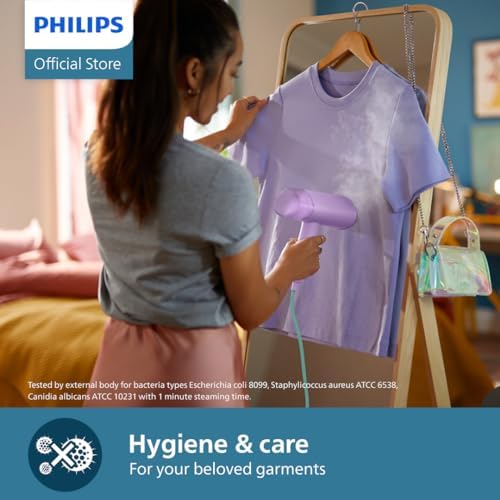 Philips 3000 Series Handheld Steamer - 1000W, 20 g/min Steam, Detachable 100ml Water Tank, Plastic Plate, Storage Pouch Included, 650 g Light Weight, Purple (STH3010/30) 5