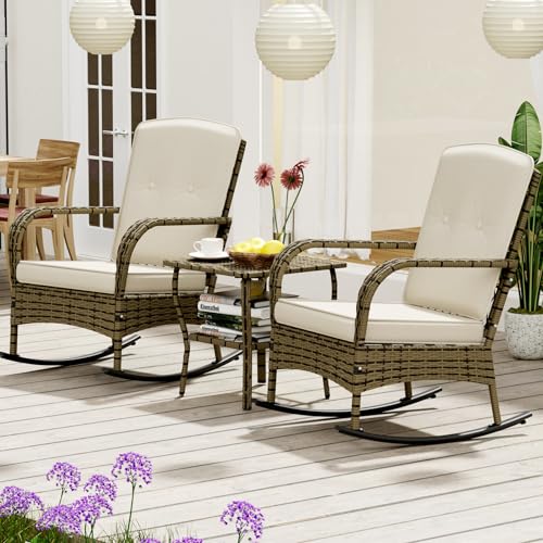 BALDPER 3 Pieces Patio Conversation Set, Outdoor Rocking Chairs, Wicker Bistro Set, Outdoor Furniture Set with Porch Chairs and Coffee Table for Deck Garden Poolside, Beige