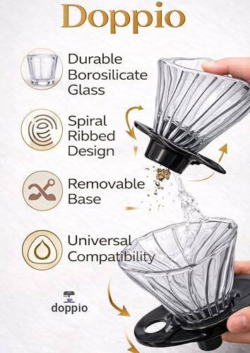 Image of DOPPIO Premium Glass Pour Over Coffee Dripper | Borosilicate V60 Style Filter | Spiral Ribbed Design | Removable Base | Reusable Manual Coffee Maker for Home & Office (Size 02, Black Handle)