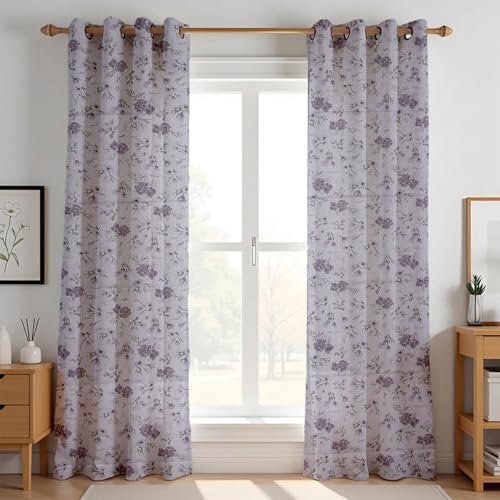 Image of LINENWALAS Cotton Sheer Curtains for Window - Light Filtering 6 Feet Set of 2, Aesthetic Cafe Curtain Floral Printed Drapes with Grommet Hanging - (L 6FT x W 4.5FT, Lavender Haze)