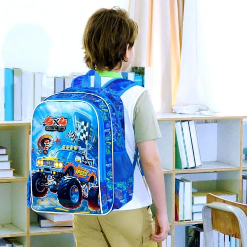 Image of 3Pcs Truck Backpack for Boys, School Bookbag with Lunch Box, 16 inch Kids Backpacks for Elementary Preschool Kindergarten (Blue)