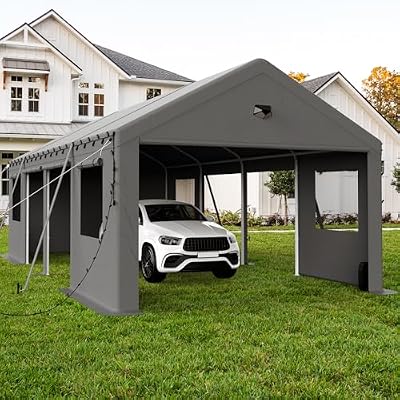 Benass 13x25 FT Heavy Duty Carport Canopy, Portable Garage with Side & Drive-Through Doors, Screened Windows, Removable Sidewalls, All-Weather Waterproof Shelter for SUV, Boat & Outdoor Storage
