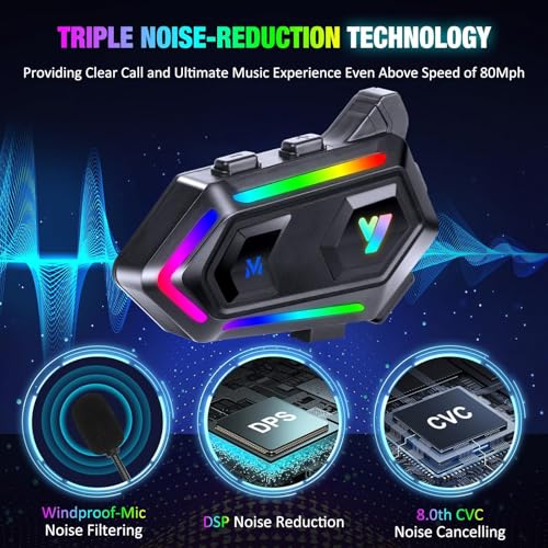 Image of FEYA Motorcycle Helmet Speakers Cool RGB Dazzling Lights,High Battery Life Motorbike Headset CVC&DSP Dual Noise Reduction and Deep Bass Motorcycle Accessories Ultra Thin Speakers Cycling /Skiing /Riding