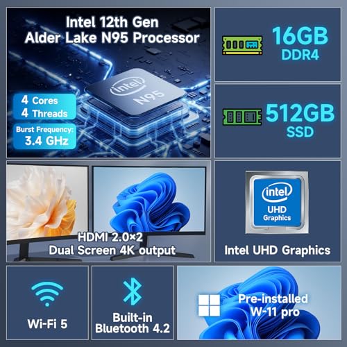 Image of Bmax Mini PC Win-11 Pro B4 Intel N95 Processor (Beat N100 /N97 /N150) up to 3.4GHz, 16GB DDR4 RAM /512GB SSD 4C /4T Small PC Support Ubuntu, 4K 60Hz Dual Display /HDMI /BT4.2 /VESA /Home /Office Micro Computer