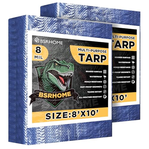 Tarps Waterproof 8x10 Feet 2 Pack Heavy Duty Blue Tarp Cover 8 Mil Thick Resistant Plastic Tarpaulin with Metal Grommets Outdoor Tent Cover for Emergency Rain