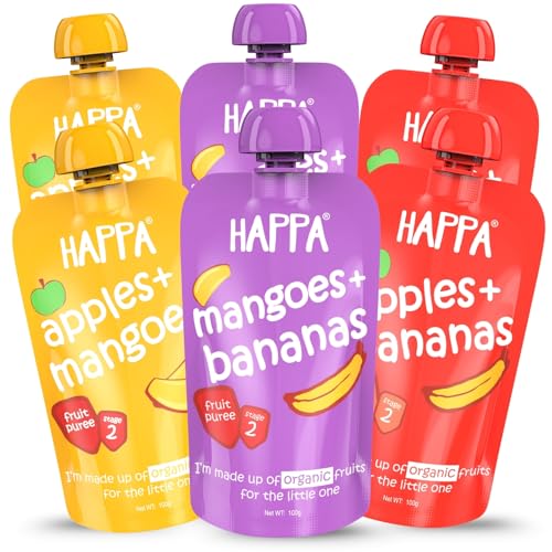 Image of Happa Organic Baby Food Puree | 100% Fruits | No Added Sugar, No Milk Powder, No Preservatives | Stage 2 (6 Months+) | Ready to Eat | Free from Common Allergens | Pack of 6 (100g Each)