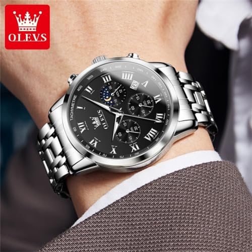 Image of OLEVS Sliver Mens Watches Big Black Dial Watches Chronograph Watches for Men Sliver Stainless Steel Watches Analog Quartz Watches Mens Day Date Watches Waterproof Watches Men Roman Numerals Watches