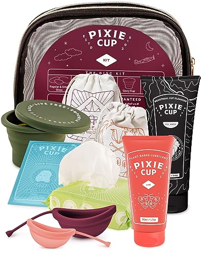 Pixie Menstrual Disc Kit - Best Period Disc Starter Kit - 2 Discs, 20 Wipes, Wash, Lube, Public Restroom Carry Cup, Stain Remover & Storage Bag - Proven to Become A Successful Menstrual Disc User