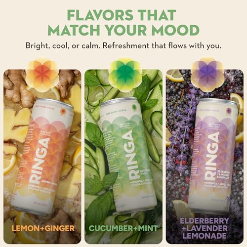Image of RINGA Cucumber Mint Sparkling Hydration Drink - Organic Moringa + Apple Cider Vinegar with 3g Prebiotic Fiber - No Added Sugar, No Artificial or Natural Flavors - Gut Health & Clean Hydration - 12oz Cans (12 Pack)