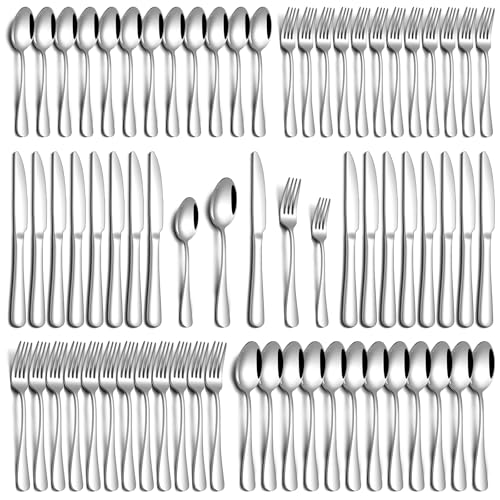 Image of PHILIPALA 60 Piece Silverware Set, Stainless Steel Flatware Set for 12 Food Grade Novelty Flatware Cutlery Utensil Set Include Knife Fork Spoon Mirror Polished Dishwasher Safe