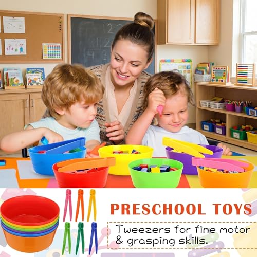 Image of VioraWhite 12 Pcs Sorting Bowls with Tweezers, 6 Color Counting Toy Develops Fine Motor Skills, STEM Early Math Activity Set for Preschool Kids, Ideal for Back to School Learning