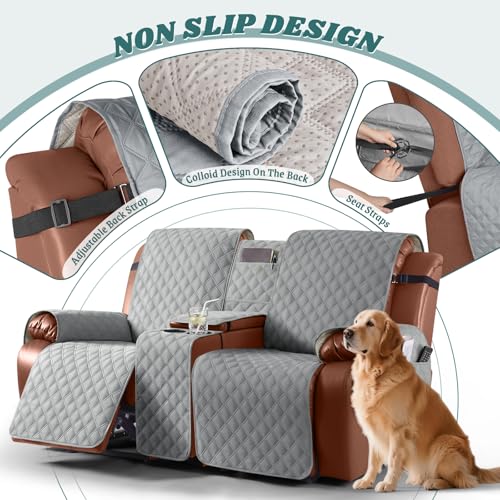 Image of Ruaozz Waterproof Loveseat Recliner Cover with Console Non-Slip Reclining Couch Covers Split Sofa Slipcovers with Elastic Straps Furniture Protector for Kids, Dogs, Pets (Light Grey, 2 Seater)