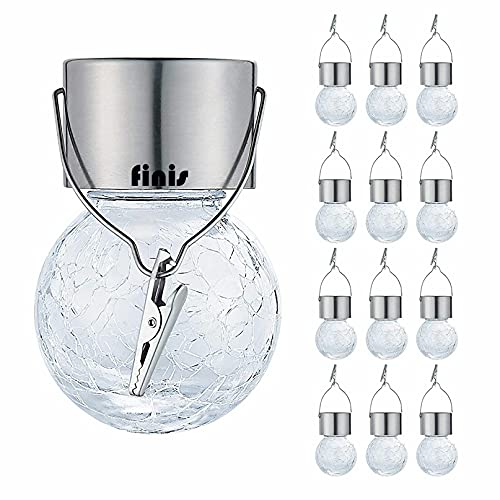 12-Pack Hanging Solar Lights Outdoor,Decorative Solar Powered Lanterns,Cracked Glass Ball Light,Waterproof Globe Lighting for Garden Yard Patio Fence Tree Holiday Decoration (Cold White)