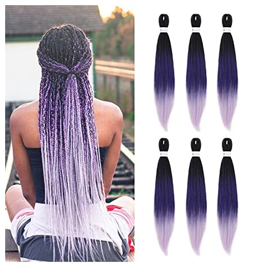 Pre-Stretched Braiding Hair Ombre Purple Braiding Hair Extensions 26 Inch 6 packs Hot Water Setting Professional Soft Yaki Synthetic Crochet Braids（Ombre Purple）