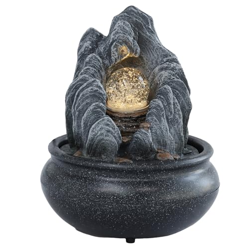 Tabletop Water Fountain, Indoor Waterfall Feature with Light, Decorative Desktop Waterfall Fountain, Resin Tabletop Waterfall Decor Compact Tabletop Waterfall Fountain for Home Office(Grey,Rockery)