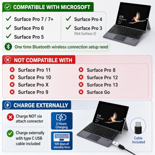 Image of Bluetooth Keyboard Type Cover for Surface Pro 7 /7+ /6 /5 /4 /3