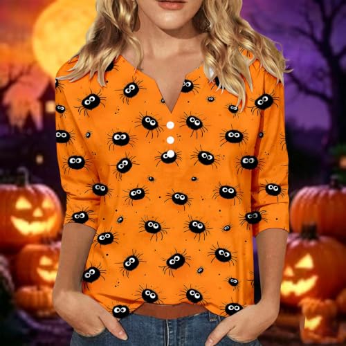 Womens Halloween Shirts,Halloween Tshirts Women 3/4 Sleeve Pumpkin Ghost Graphic Tees V Neck Button Down Holiday Costumes Fall Outfits(Orange1,Small) - image 2