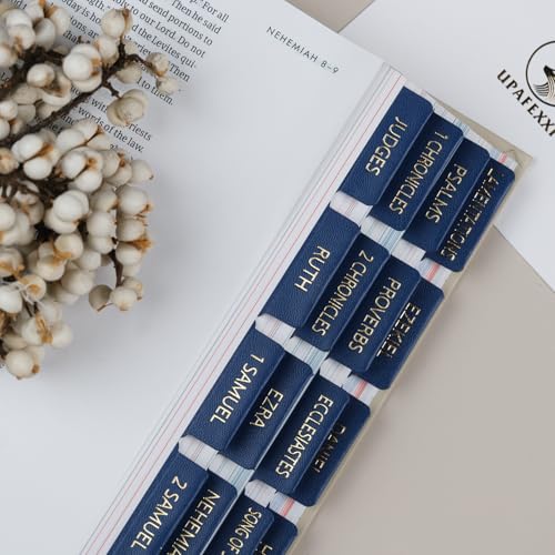 Image of UPAFEXXI-Leather Bible Tabs with Book Summaries, Gold Foil Lettering | Bible Tabs for Women and Men, Large Print Stickers, Easy to Read and Apply, 80 Chapters Labels for Easy Navigation(Blue)