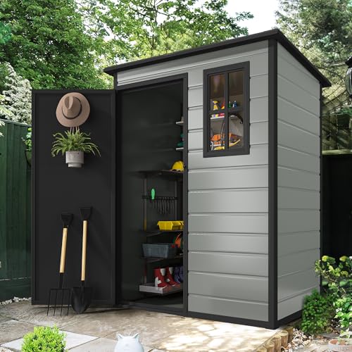 Image of DWVO 5x3 FT Outdoor Storage Shed with Floor, All-Weather Resin Storage Shed with Lockable Door & Window, Waterproof Plastic Tool Storage for Garden, Backyard, Patio, Lawn,Blue-Gray+Black