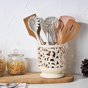 Farmhousekitchenutensilholderforcountertopceramiclargecookingutensilcrockwithcorkmatdecorativerusticutensilholderforkitchencounterhollowcarvingflowerbeige Urban Country Home Decor Farmhouse kitchen utensil holder for countertop ceramic large cooking utensil crock with cork mat decorative rustic utensil holder for kitchen counter hollow carving flower beige urban country home decor