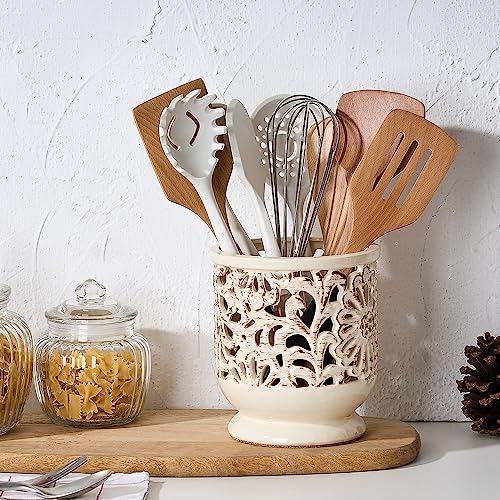 Farmhousekitchenutensilholderforcountertopceramiclargecookingutensilcrockwithcorkmatdecorativerusticutensilholderforkitchencounterhollowcarvingflowerbeige Urban Country Home Decor Farmhouse kitchen utensil holder for countertop ceramic large cooking utensil crock with cork mat decorative rustic utensil holder for kitchen counter hollow carving flower beige urban country home decor
